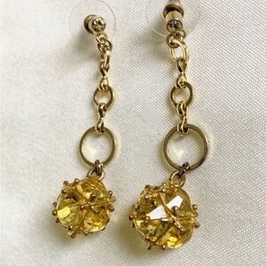 Vintage Yellow Rhinestone Earrings Ball Dangle Topaz Gold Tone Pierced Earrings